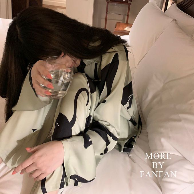 New ins pajamas women's spring and autumn ice silk long-sleeved thin section high-grade silk cute student home service suit summer