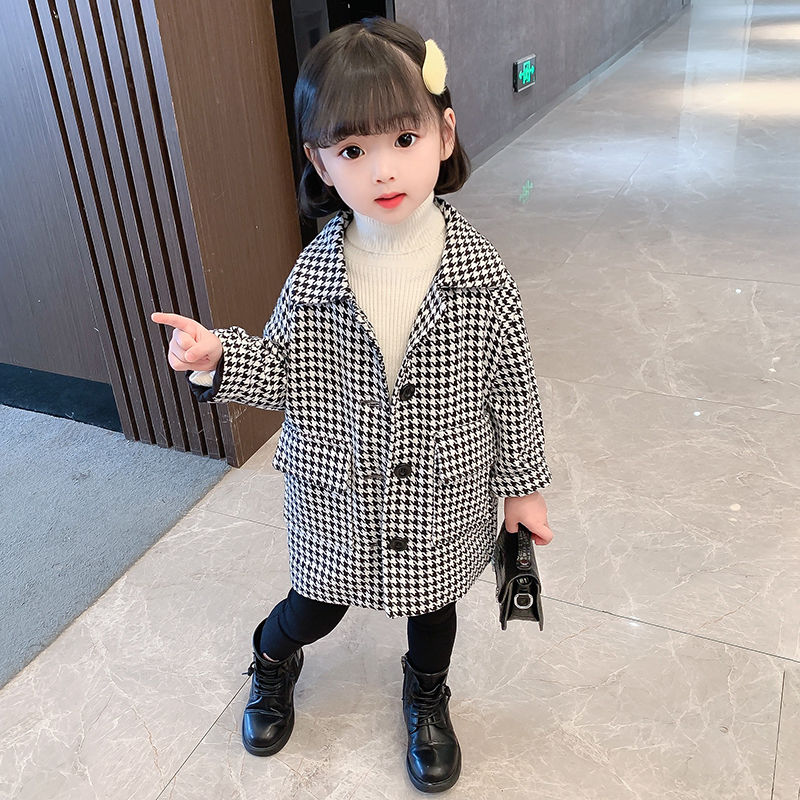 Girls' windbreaker jacket mid-length spring and autumn 2022 new fashionable foreign style children's baby girl houndstooth top trend