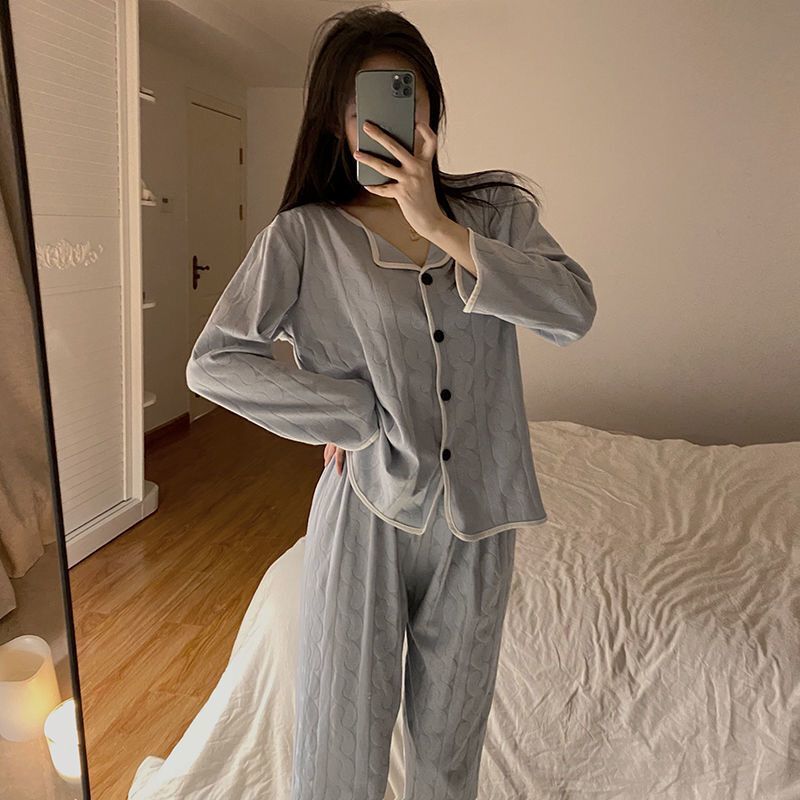 春秋新款ins韓國翻領波浪邊網紅提花學生甜美高檔家居服睡衣女