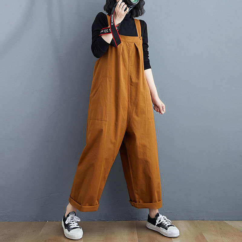 Korean version of spring and autumn plus size women's age-reducing bib pants women's high waist loose slim suspender jumpsuit wide-leg pants trousers
