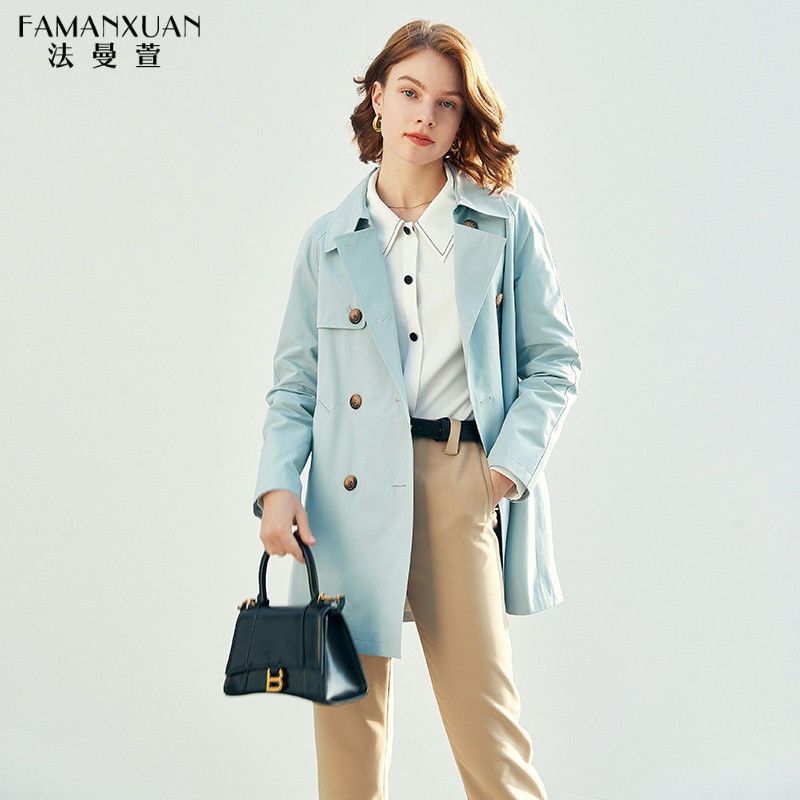 法曼萱蓝色风衣女设计感小众2022春新款气质时尚小个子中长棉外套