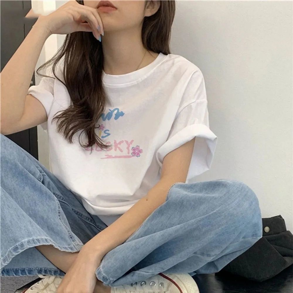 100 cotton short-sleeved T-shirt women's new niche couple outfit Korean version printed loose student all-match half-sleeved top trendy