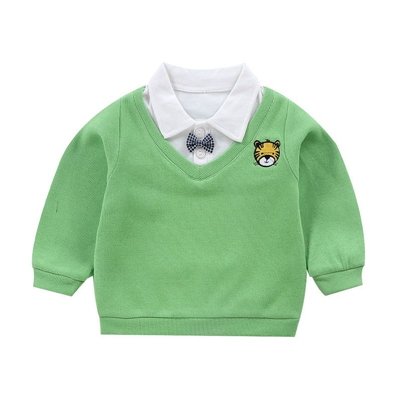 Stand collar children's sweater fake two pieces boys and girls solid color embroidered pullover top baby Korean style shirt collar children's clothing