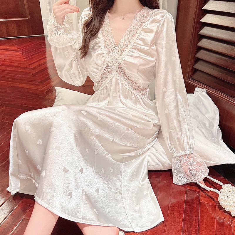 French princess style pajamas women's spring and summer 2021 new ice silk satin nightdress lace high-quality long section