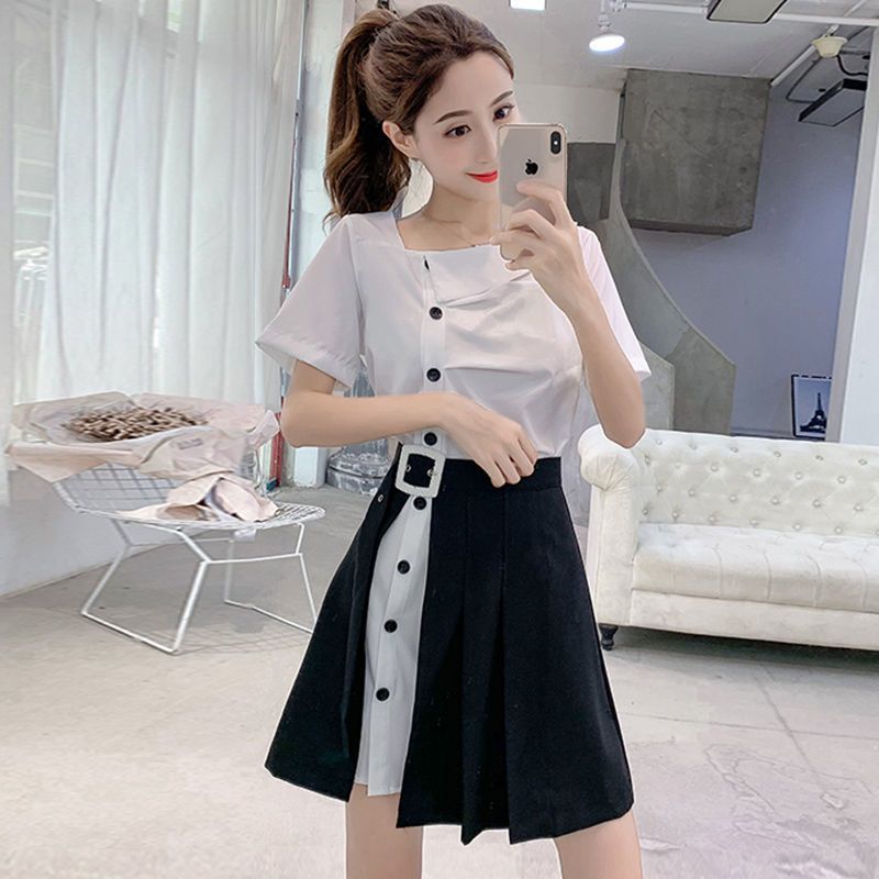 Suit women's 2022 new summer dress wrinkled design sense shirt dress + open half-length skirt two-piece set