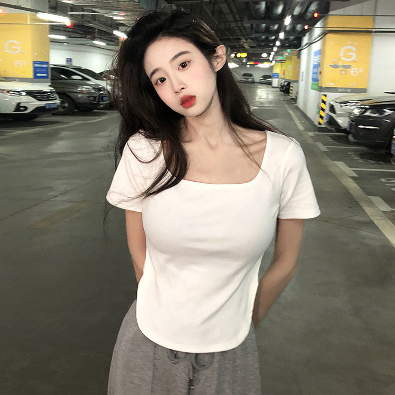方領短袖T恤女修身顯瘦春裝韓版2022新款純欲風白色不規則上衣ins