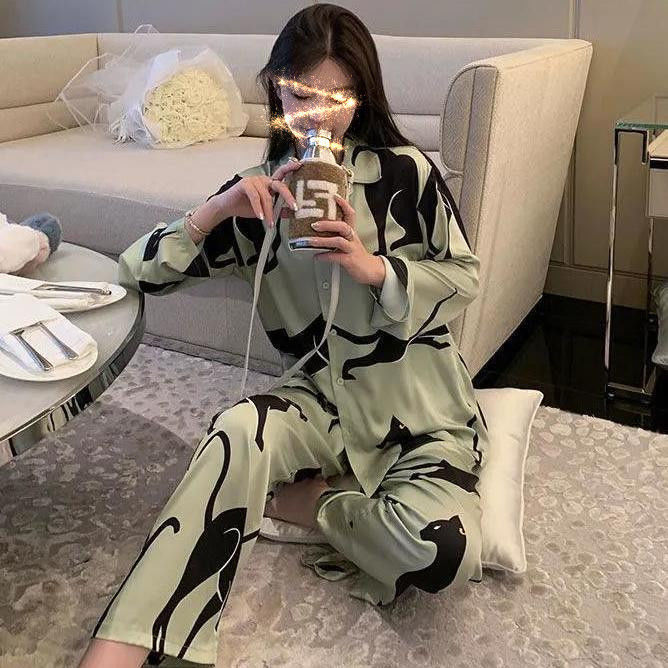 High-end pajamas women's spring and autumn ice silk thin section long-sleeved sexy student ins large size silk home service suit summer