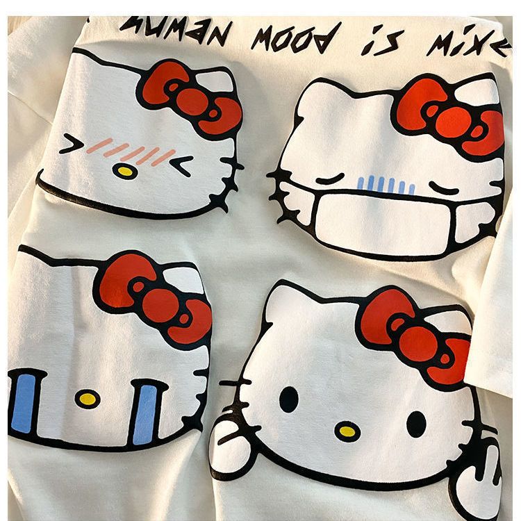100% pure cotton national tide cartoon cute kitten print short-sleeved T-shirt female students loose all-match casual tops