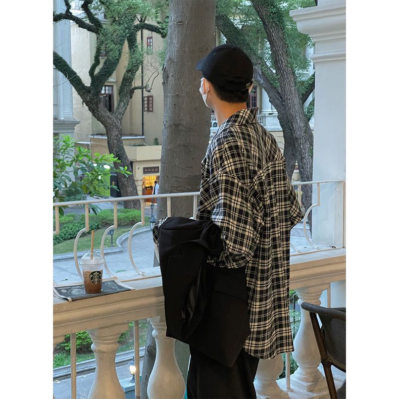 Spring plaid shirt jacket men's trendy loose ins all-match top Hong Kong style youth handsome long-sleeved shirt