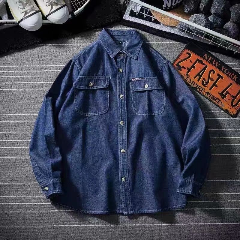 Denim long-sleeved shirt men's spring and autumn tops trendy simple shirt Hong Kong style loose all-match handsome ins jacket