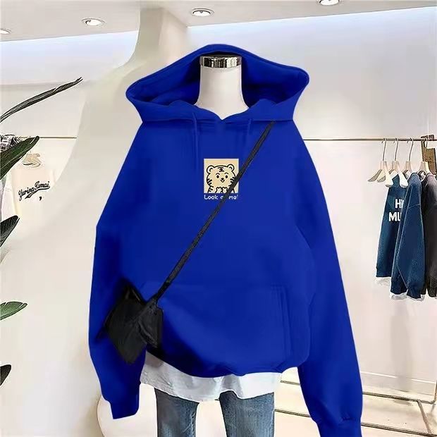 克莱因蓝带帽小老虎卫衣春季衣服女2022新款洋气宽松遮肚连帽卫衣