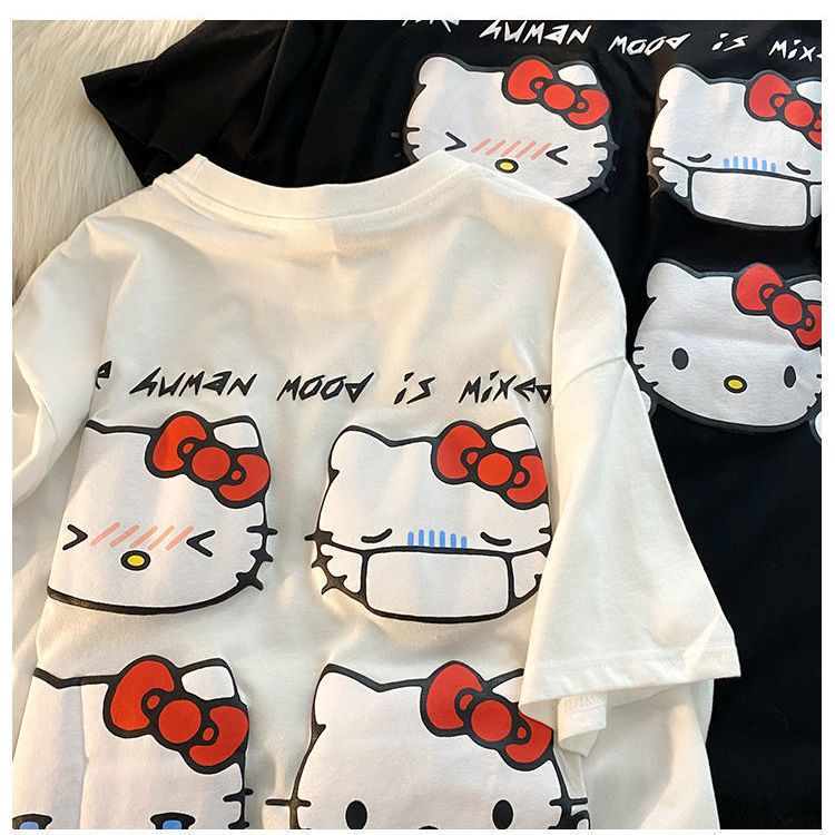 100% pure cotton national tide cartoon cute kitten print short-sleeved T-shirt female students loose all-match casual tops