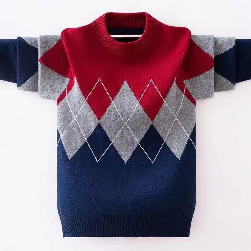 Boys' sweater pullover autumn and winter clothes new middle and big children's knitted bottoming shirt plus velvet thickened children's boys Korean version of the tide