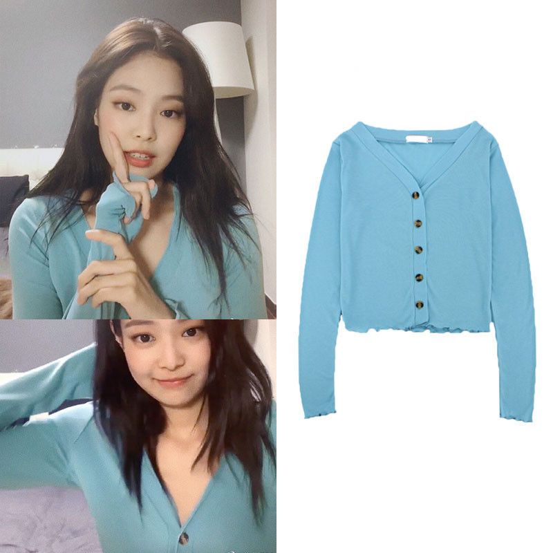 jennie金智妮同款蓝色v领卷边修身复古韩版bm风上衣春t恤小外套女【13