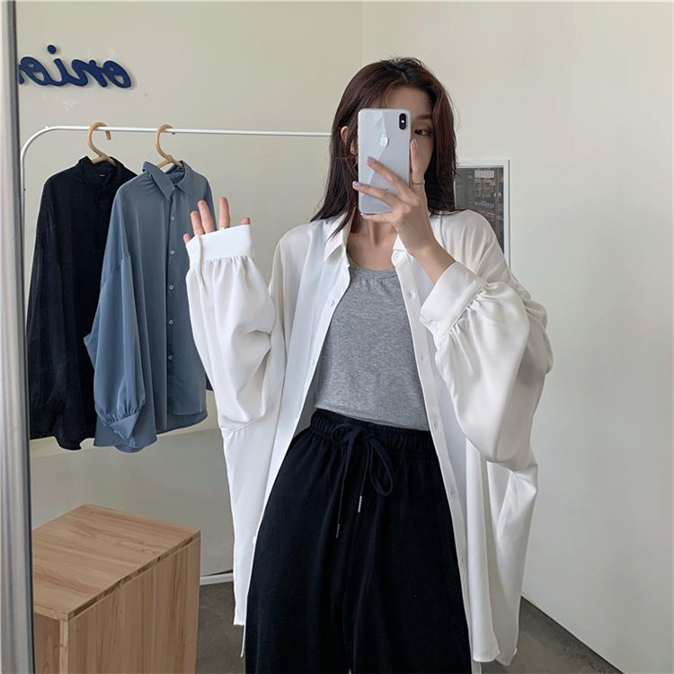 Korean loose thin hanging feeling Lantern Sleeve White Shirt sunscreen top medium long lazy style versatile thin coat women