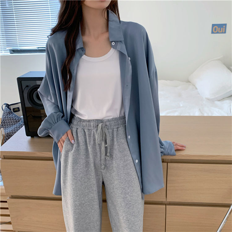 Korean loose thin hanging feeling Lantern Sleeve White Shirt sunscreen top medium long lazy style versatile thin coat women