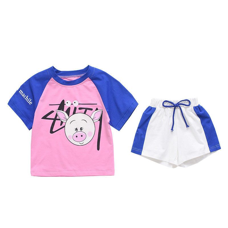 2023新款儿童装女童夏季T恤短裤套装中小童小猪五分袖休闲两件套