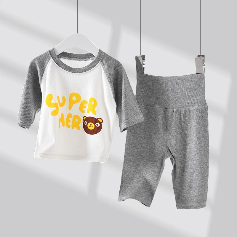 Children's thin three-quarter-sleeve pajamas set baby summer thin modal high waist belly protection male and female baby air-conditioning clothes