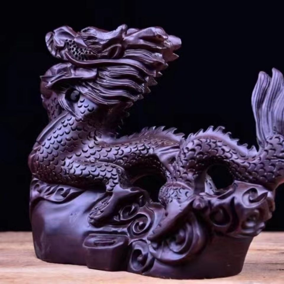 黑檀单龙戏珠摆件招财十二生肖龙家居实木雕刻玄关装饰红木工艺品