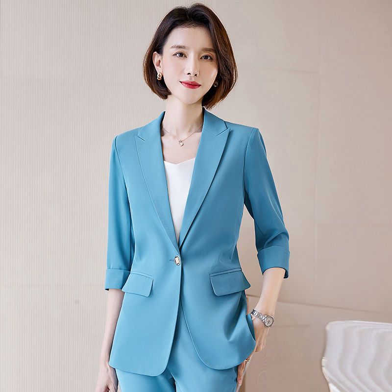 蓝色小西装女七分袖春夏新款西服休闲职业装气质女神范西服套装女