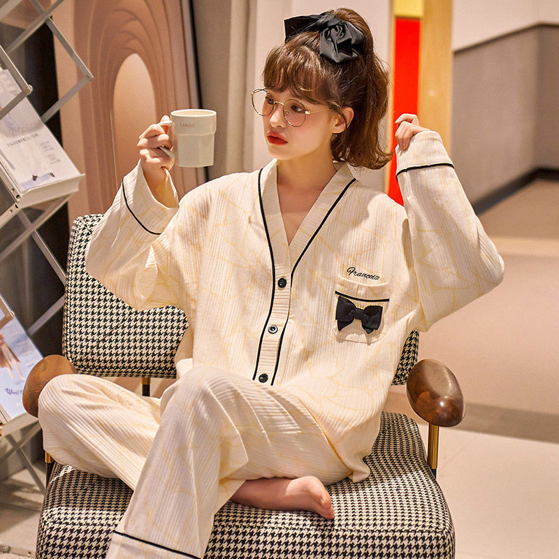 睡衣女士春秋季針織長款家居服春季韓版親膚學生可愛可外穿兩件套