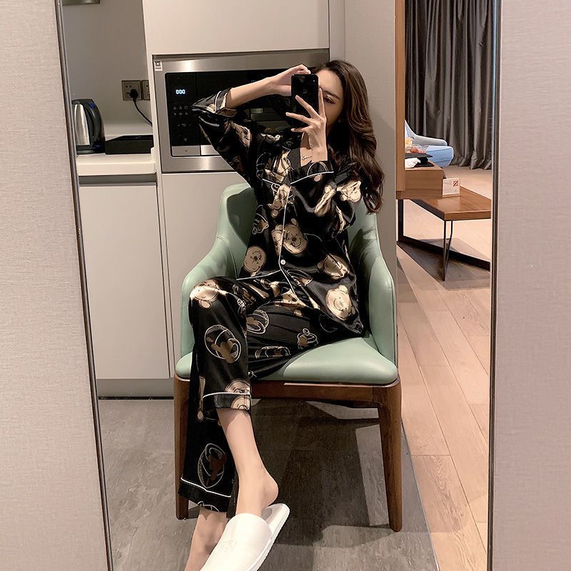 睡衣女春夏長袖冰絲性感韓版學生可愛大碼春秋季仿真絲家居服套裝