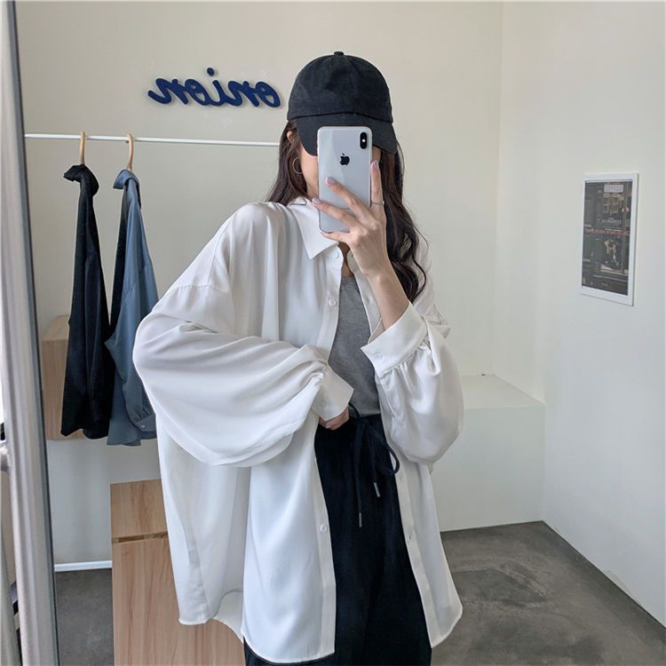 Korean loose thin hanging feeling Lantern Sleeve White Shirt sunscreen top medium long lazy style versatile thin coat women