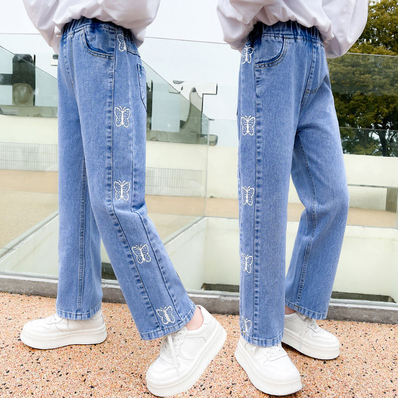 女童牛仔闊腿褲春秋洋氣2023新款中大童女孩寬鬆長褲秋裝兒童褲子