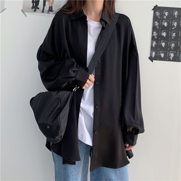 Korean loose thin hanging feeling Lantern Sleeve White Shirt sunscreen top medium long lazy style versatile thin coat women