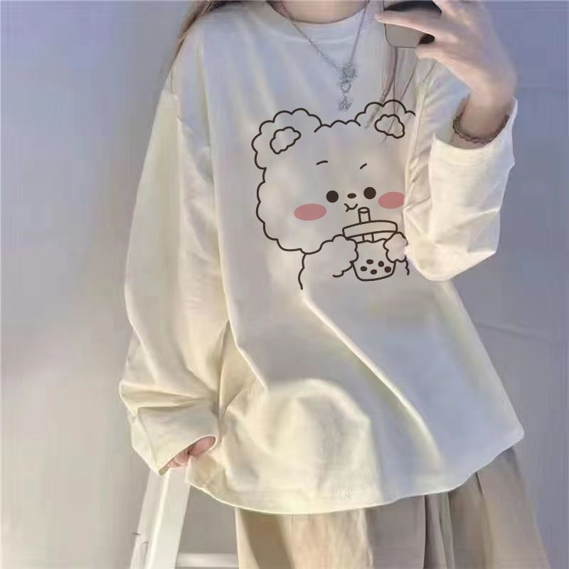 長袖寬鬆打底衫T恤女上衣春秋裝2022年新款韓版圓領可愛長袖ins潮