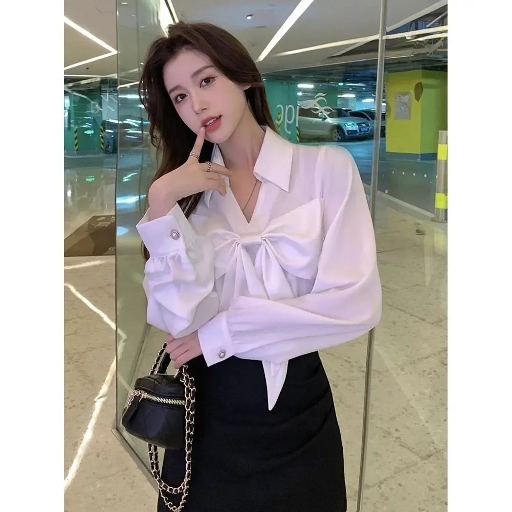 White shirt female spring and autumn  new French style niche bowknot shirt age-reducing long-sleeved chic top