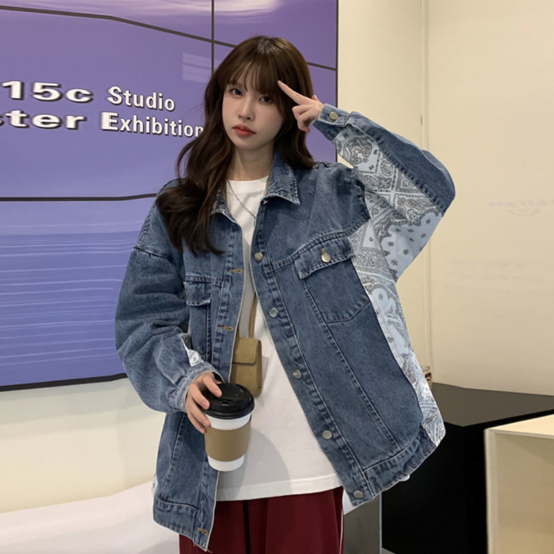 Printed denim jacket female spring and autumn 2023 Korean version of the new loose early spring casual all-match jacket jacket ins trend