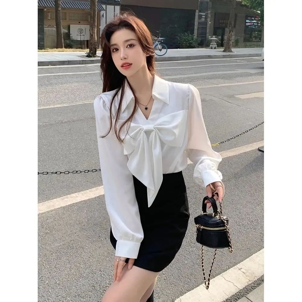 White shirt female spring and autumn  new French style niche bowknot shirt age-reducing long-sleeved chic top