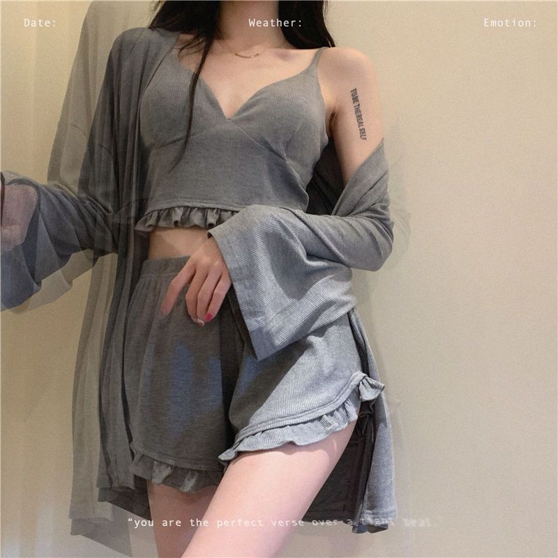 Spring and summer pajamas set with breast pad girls ins high-value sexy suspender home clothes long sleeve pajamas three piece set