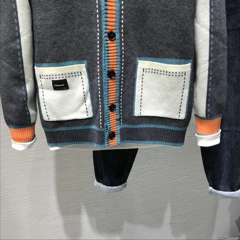 Spring and autumn new men's knitted cardigan sweater youth trend patchwork color contrast versatile Korean sweater jacket