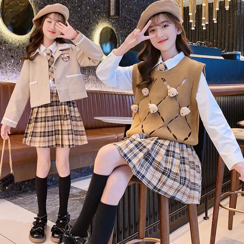 女童jk制服套装春秋装新款儿童洋气女孩学院风西服马甲三件套