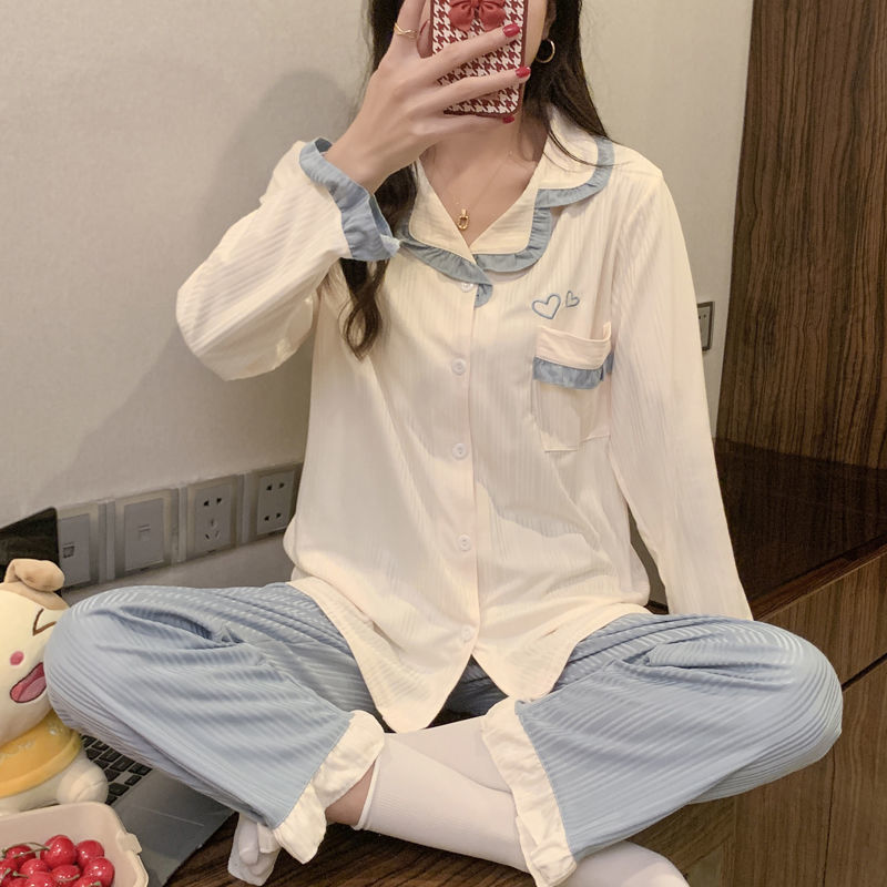 Women's pajamas spring and autumn thin section long-sleeved cartoon pure cotton student cardigan loose plus size cartoon home service suit winter