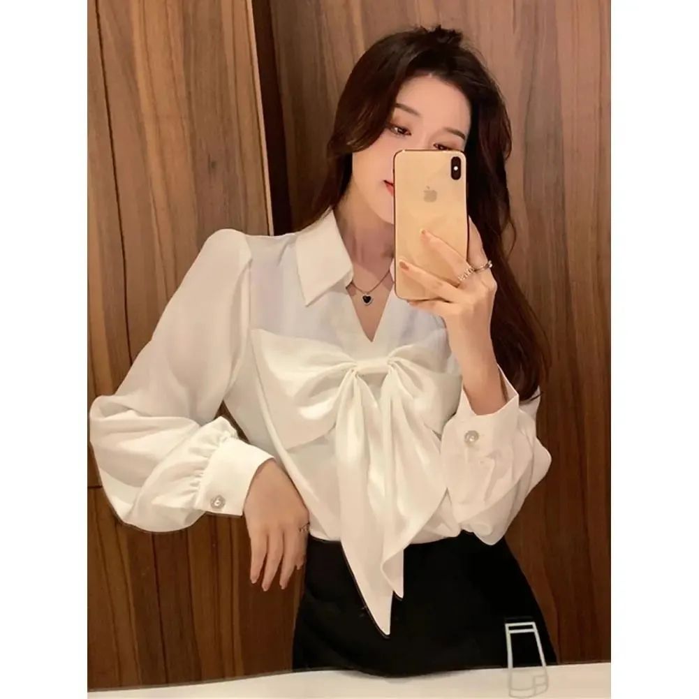 White shirt female spring and autumn  new French style niche bowknot shirt age-reducing long-sleeved chic top