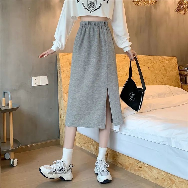 2024 spring and summer new skirt for women, hip-covering casual skirt, high-waisted, slimming, mid-length, hip-covering, slit A-line skirt