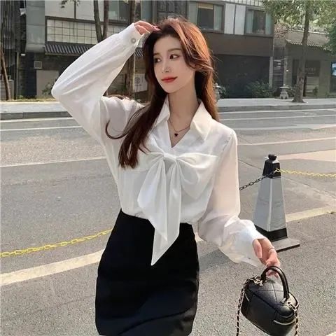 White shirt female spring and autumn  new French style niche bowknot shirt age-reducing long-sleeved chic top