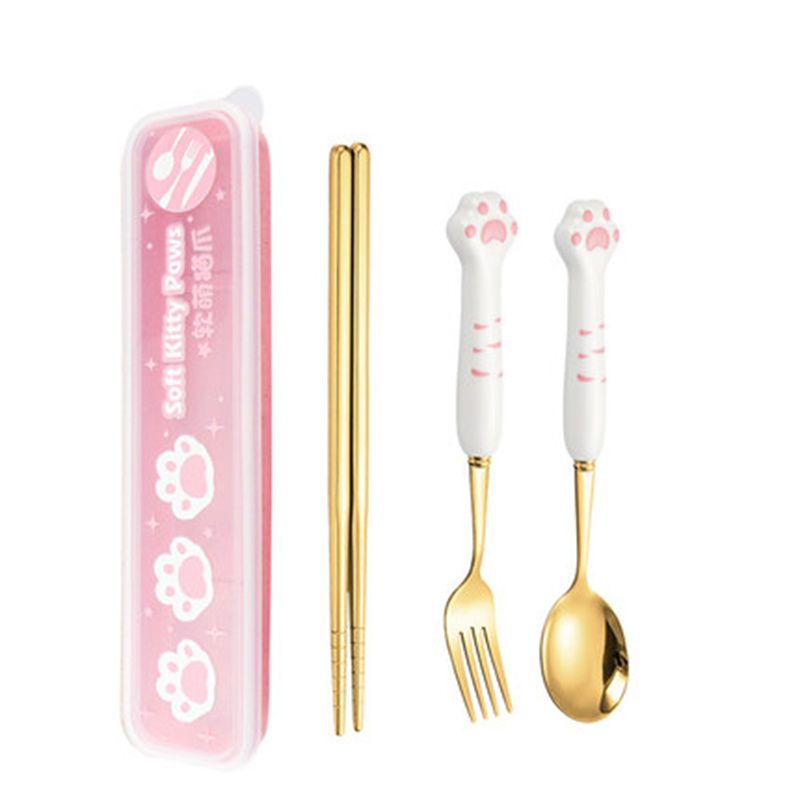 Student portable [three piece set] cartoon soft cute cat claw stainless steel fork spoon chopsticks set box work travel tableware