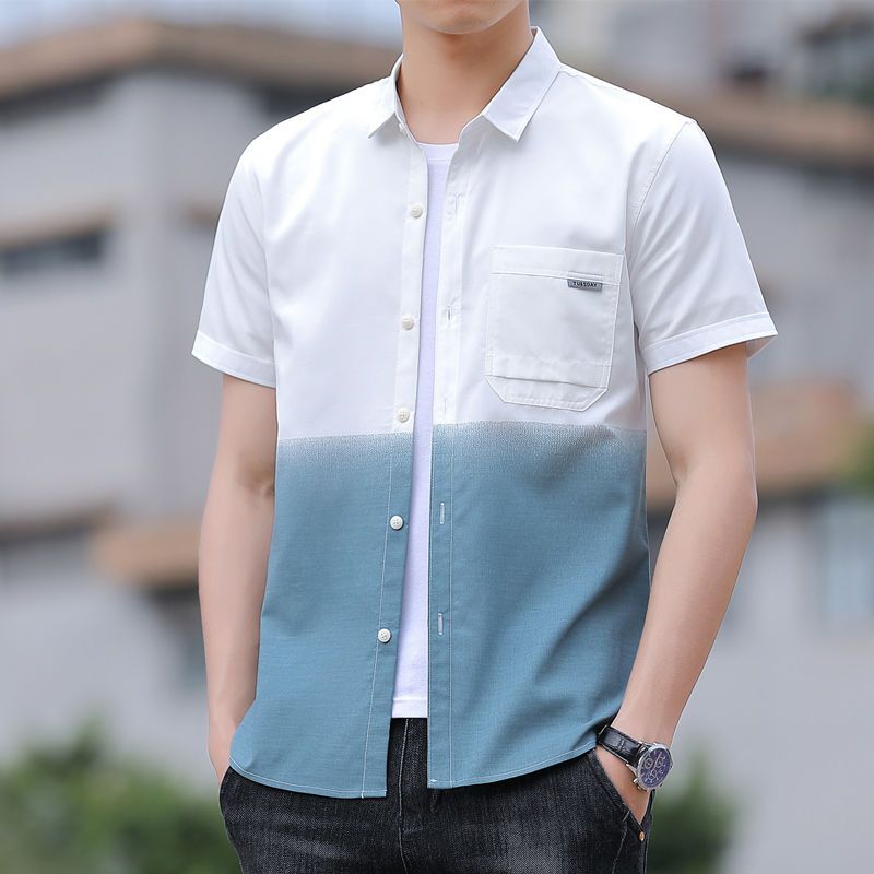 2023夏季新品冰丝短袖衬衫男士韩版潮流休闲衬衣渐变半袖冰感寸衫
