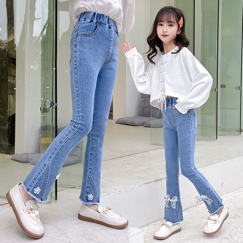 女童牛仔褲春秋7歲女孩休閒洋氣彈力修身長褲8春天9兒童喇叭褲子6