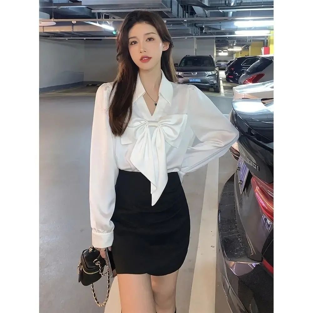 White shirt female spring and autumn  new French style niche bowknot shirt age-reducing long-sleeved chic top