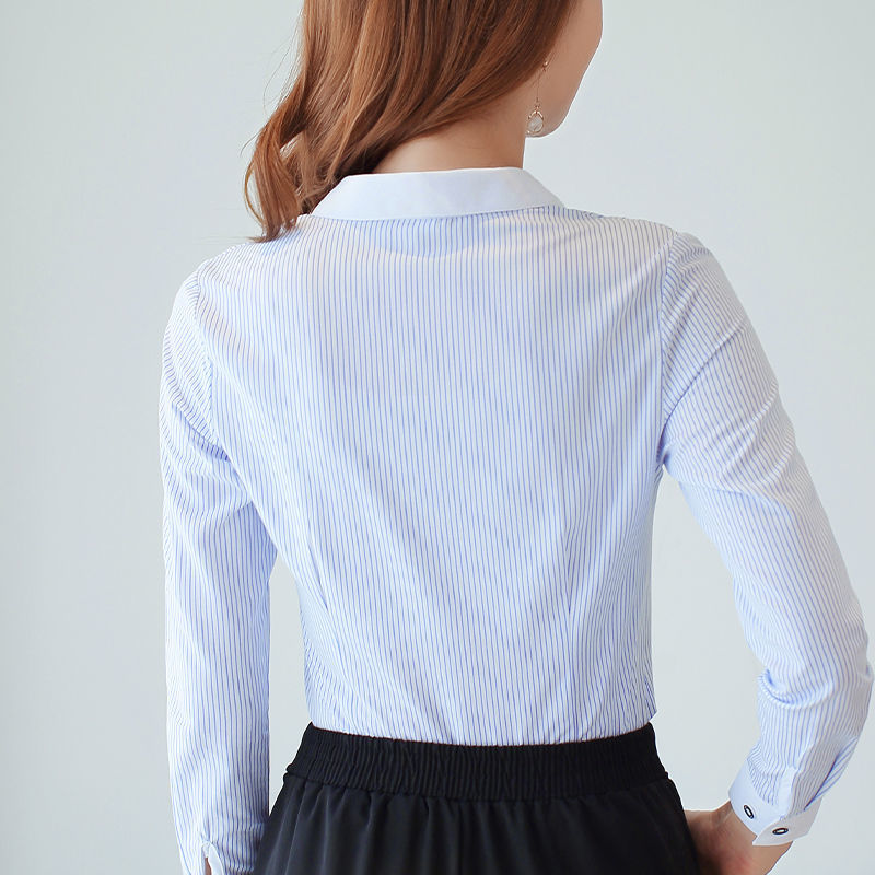 春季条纹衬衫女长袖v领蓝白条粗纹修身衬衣秋冬银行工作正装
