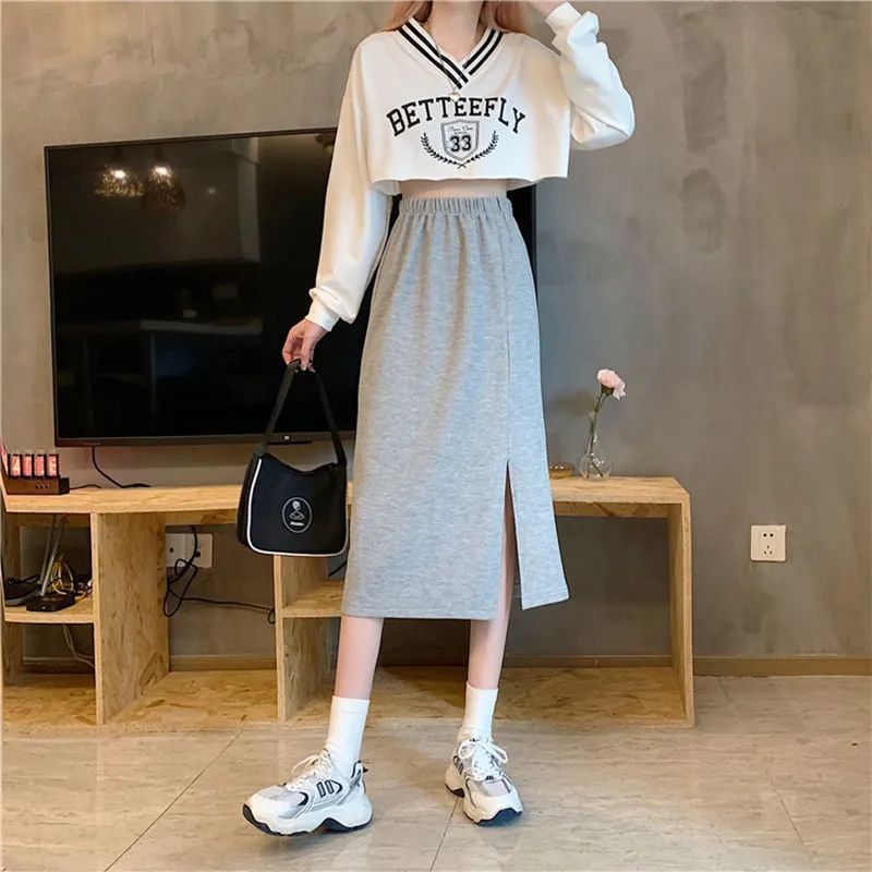 2024 spring and summer new skirt for women, hip-covering casual skirt, high-waisted, slimming, mid-length, hip-covering, slit A-line skirt