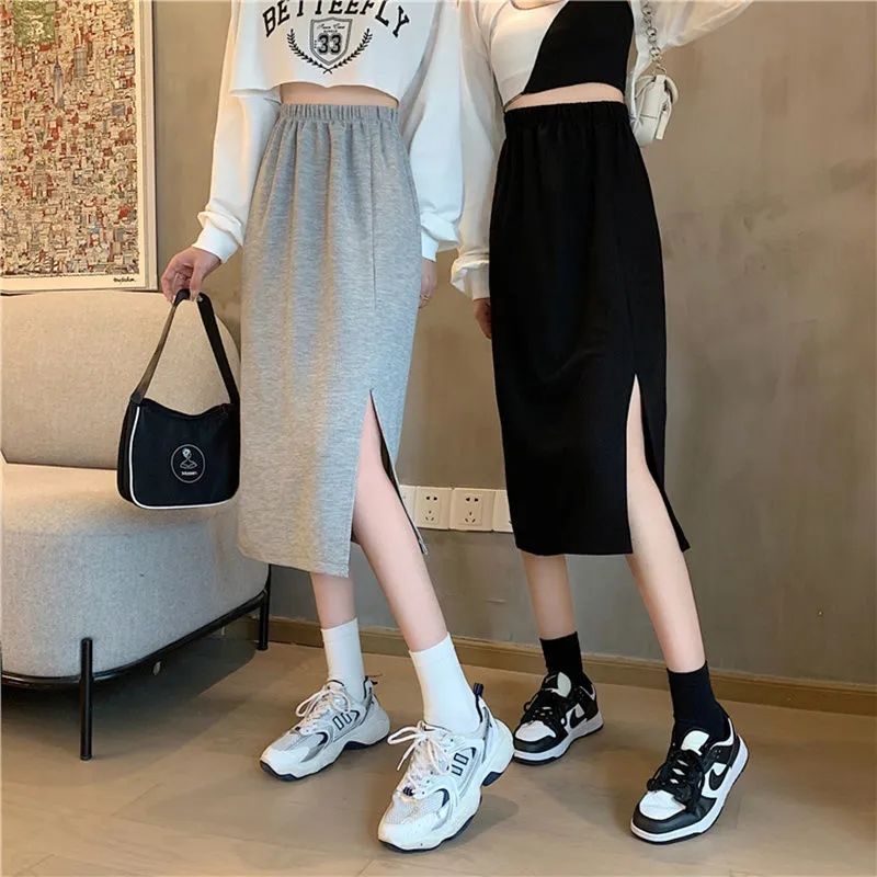 2024 spring and summer new skirt for women, hip-covering casual skirt, high-waisted, slimming, mid-length, hip-covering, slit A-line skirt