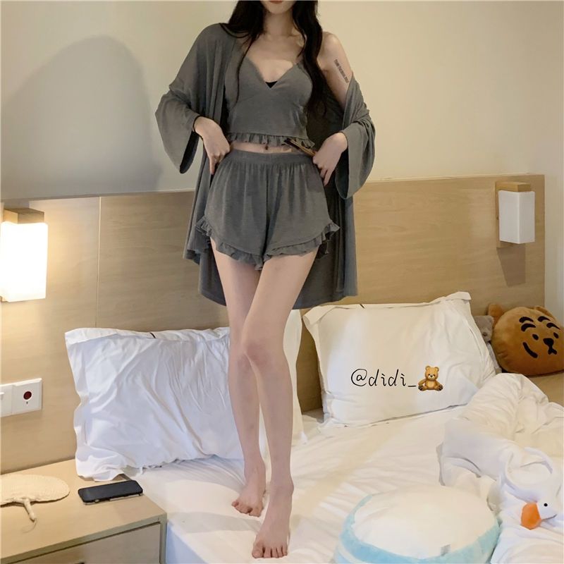Spring and summer pajamas set with breast pad girls ins high-value sexy suspender home clothes long sleeve pajamas three piece set