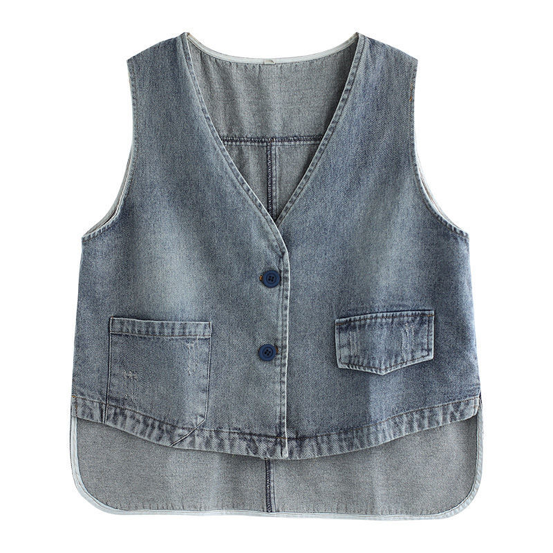 Original V-neck two buttons denim vest women's spring and autumn new loose large size casual dark retro vest tide