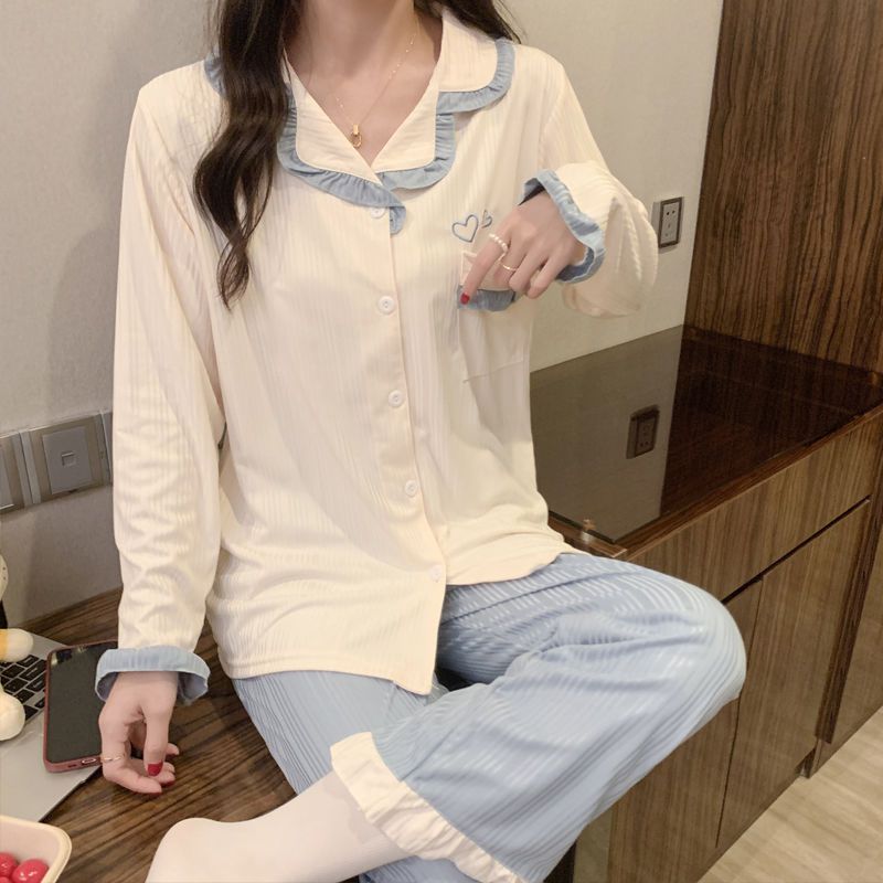 Women's pajamas spring and autumn thin section long-sleeved cartoon pure cotton student cardigan loose plus size cartoon home service suit winter